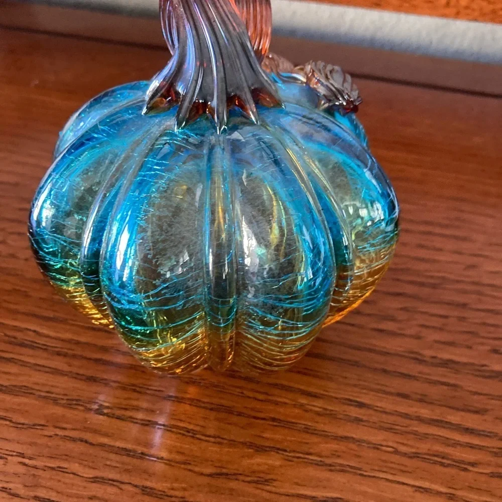 Art Glass Pumpkin Pier One hand blown Thanksgiving 5 1/2”